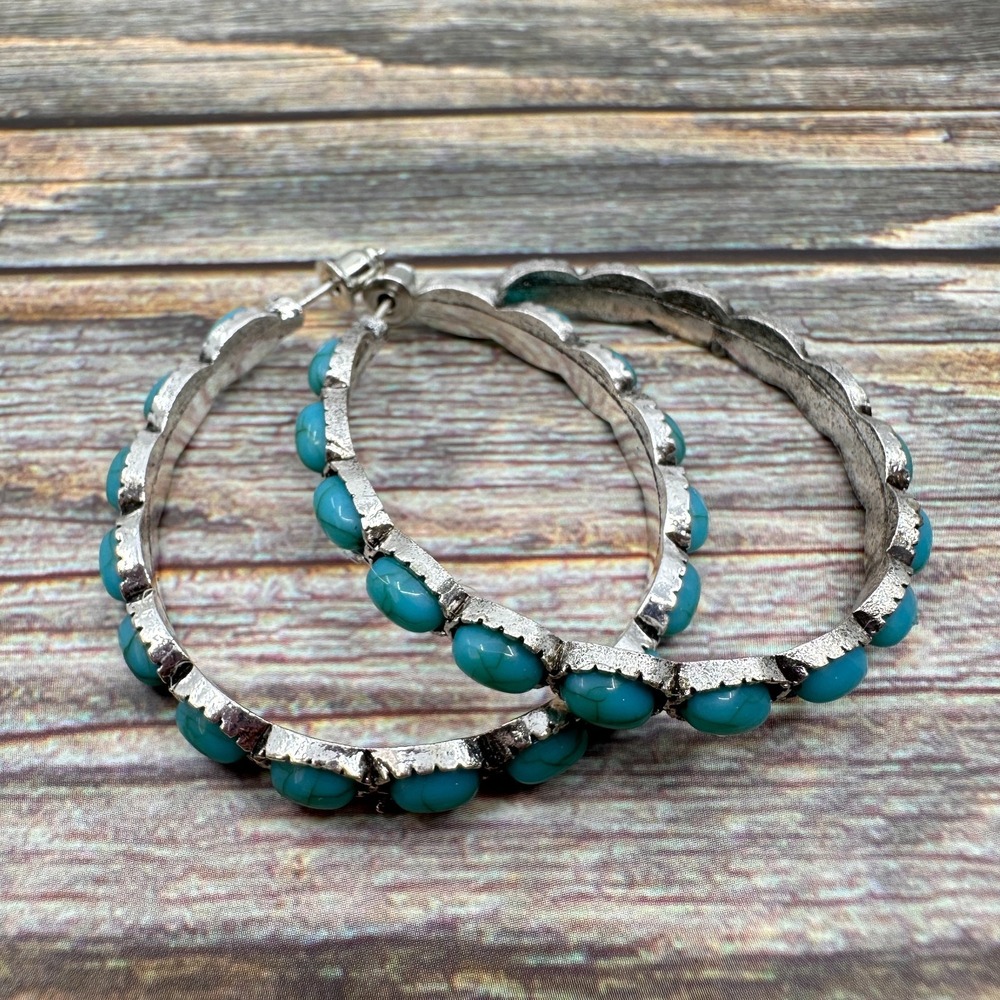 Faux Turquoise Beaded Hoop Earrings Silver Tone Bohemian Statement Western Gift